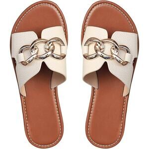 Verdusa Womens Size 9 Beige Slip On Slides Flat Sandal Chain Faux Leather Shoes